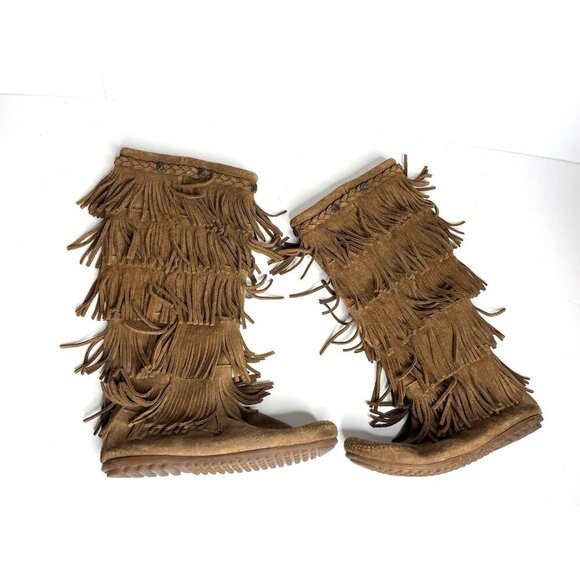 Minnetonka Moccasin Mid Calf 3 Layer Fringe Brown Leather Boots Women Size 9 - Picture 1 of 4